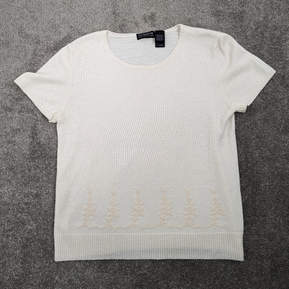 Liz Claiborne Elegant Ivory Merino Wool Blend Sweater Size Large Beaded Trim
